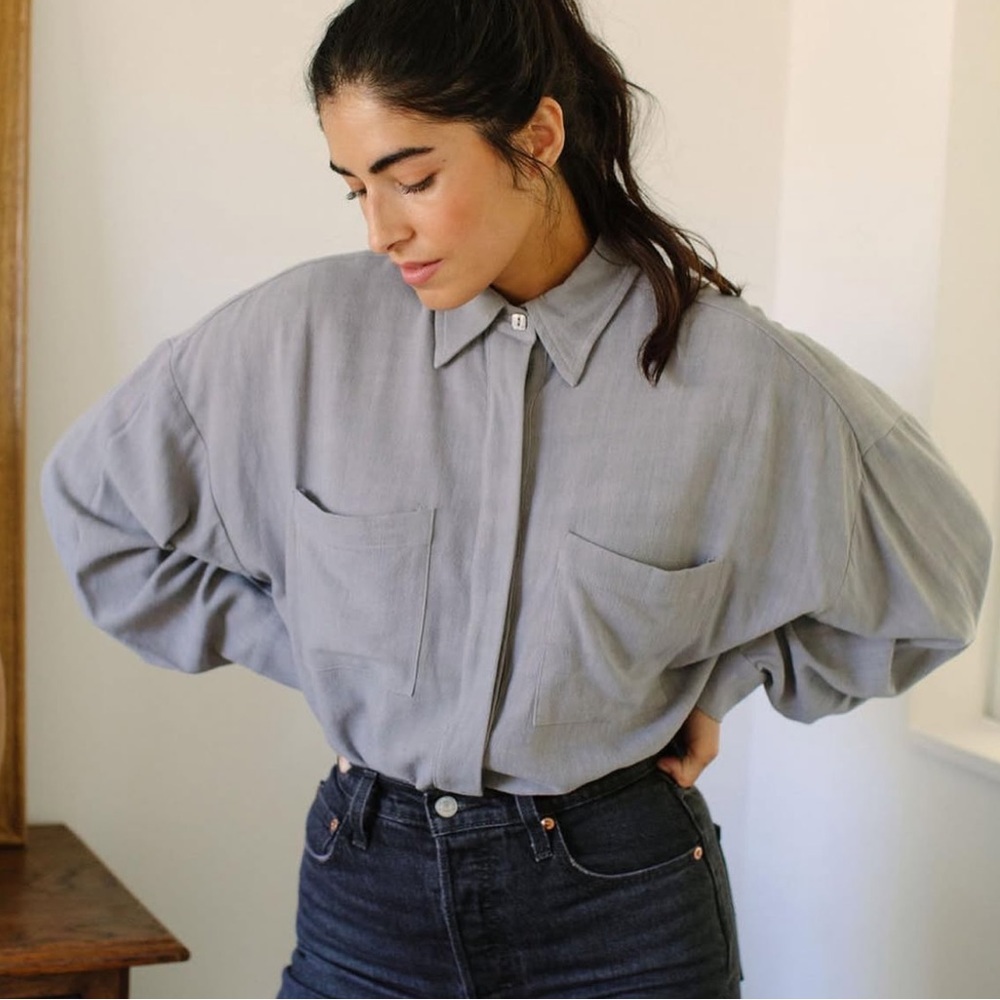 RACHEL PALLY Oliver Fog Long Sleeve Linen Button Down Top Shirt
